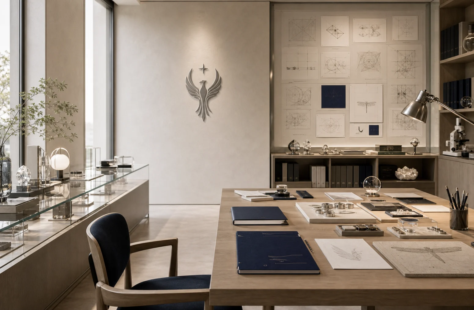 Fyronyx atelier office concept with a quiet material palette and work tables