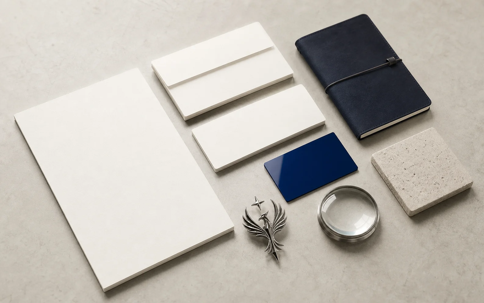 Fyronyx stationery concept with paper, blue covers, and metal details